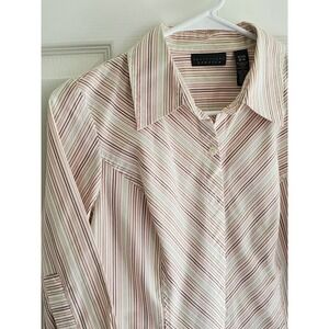 Apostrophe Stretch Women Brown Tan Striped 3/4 Sleeve Button Down Shirt Size S